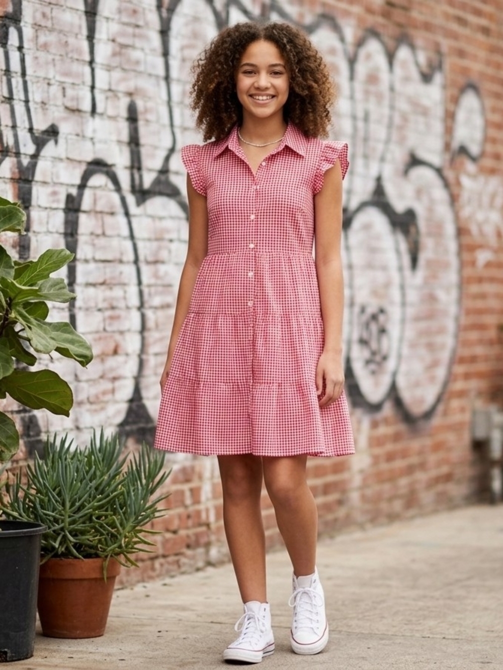 Monteau Red Gingham Button-Down Mini Dress